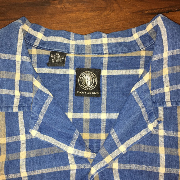 XL DKNY blue/white plaid short sleeve button down - Picture 2 of 2